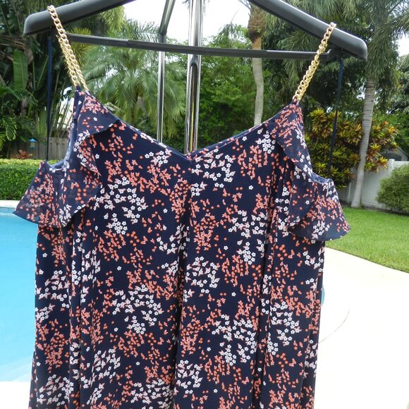 Michael Kors Floral Print Navy Blouse Top Women’s XL Chain Strap Gently Used - Picture 1 of 5